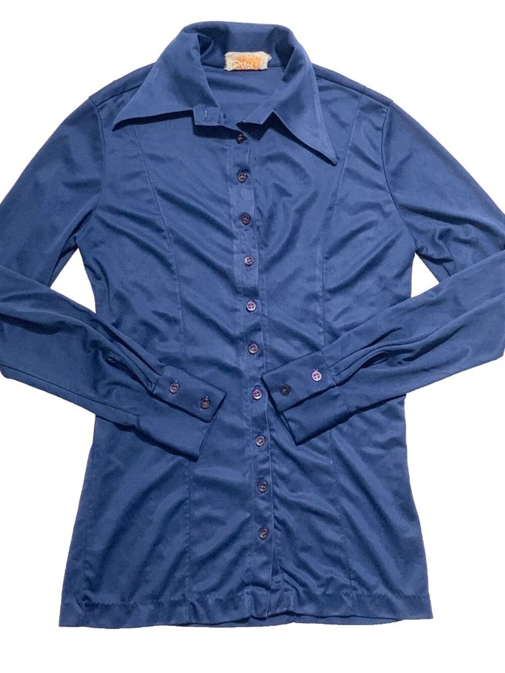 VTG 1950s 1960s Elite Blue Secretary Satin Blouse Shirt Hong Kong Mid-Century